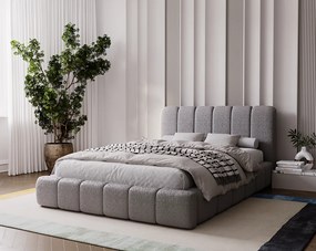 Emporius Milan łóżko tapicerowane 160x200 - pufiaste łóżko do sypialni, łóżko z pojemnikiem i stelażem - tkanina boucle, jasny szary (Anthology 15)