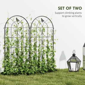 Metalowa Pergola Outsunny, Zestaw 2szt. do Wbijania, Odporna na Rdzę, z Motywem Ptaków na Rośliny Pnące 50x120 cm, Czarna