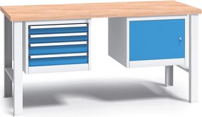 Profesjonalny stół warsztatowy G3 z drewnianym blatem roboczym, 1700 mm, 1x 4 szufladowy kontener, 1x szafka, niebieski