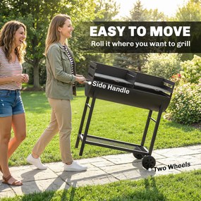Outsunny Grill na węgiel drzewny z 2 strefami grillowania, regulowany ruszt, półka na drewno, kółka, boczny uchwyt, 103 x 46,5 x 100 cm | Aosom PL