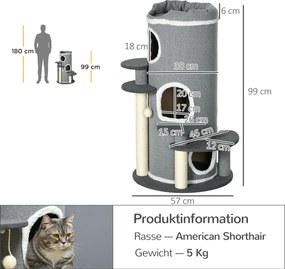 PawHut Drapak dla Kota, 2 Kocie Jaskinie, 4 Platformy, 4 Słupy do Drapania, 57 cm x 57 cm x 99 cm, Szary + Biały