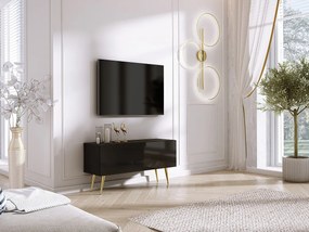 Szafka RTV: czarny matowy/czarny błyszczący, złote nogi, 100 x 52 x 32 cm