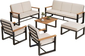 Zestaw mebli ogrodowych - 1 sofa trzyosobowa + 1 sofa dwuosobowa + 2 fotele + stolik + podnóżek - metalowy - beżowy