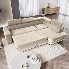 Masseno Narożnik VELISS z funkcją spania i pojemnikiem na pościel Narozniki L, Rozkładana sofa - Kremowy, CASTEL 03