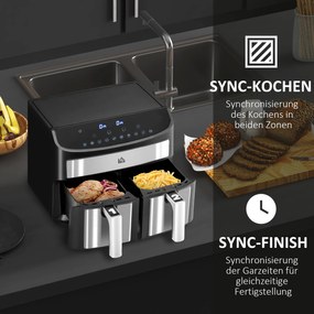 HOMCOM Frytkownica na gorące powietrze 8L z podwójną komorą, Airfryer z 10 programami, 2400 W frytkownica na gorące powietrze z ekranem dotykowym, przepisami, bez oleju, czarna