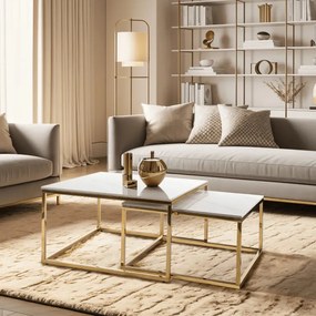 Zestaw Stolików Kawowych TENOR Biały Marmur/Złoty do Salonu Glamour