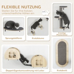 PawHut Zestaw Wspinaczkowy dla Kotów 7-elementowy z Drabinką z Sisalu, Platformą, Drapakiem Szary