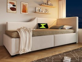 Łóżko 90x190cm - Łóżko tapicerowane welurem - z lampką do czytania i portami ładowania - z stelażem na listwy - Beżowe