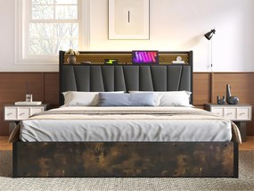 Łóżko z pojemnikiem 140x200cm z tkaniny lnianej - z LED, portami ładowania i stelażem na listwy - Szare