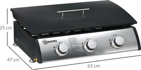 Outsunny Grill gazowy z pokrywą, 3 palniki, tłuszcz zatrzymywany w tacy, płyta z powłoką nieprzywierającą, 63x47x25 cm, Czarny/Srebrny