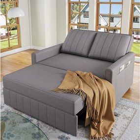 Sofa 2-osobowa rozkładana, rozkładana sofa w tkaninie lnianej - 127 x 75/180 x 94 cm - z funkcją spania i regulowanym oparciem - Szara