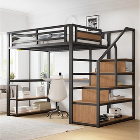 Łóżko piętrowe - 140 x 200 cm - z drabinką + półki + stolik - metalowe - czarne