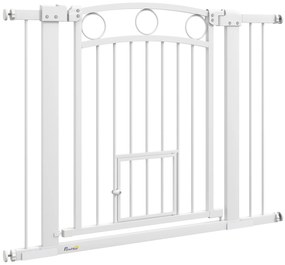 PawHut Bramka zabezpieczająca dla zwierząt, 77 cm, regulowana szerokość 76-104 cm, z drzwiami dla kota, do schodów i drzwi, biały
