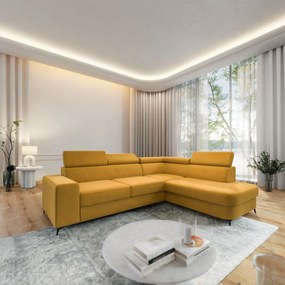 Masseno Narożnik ALVORO z funkcją spania i pojemnikiem na pościel Narozniki L, Rozkładana sofa - Żółty, MATT VELVET 48