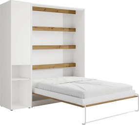 Łóżko chowane w szafie pionowe 160 x 200 cm - 1 kolumna do przechowywania - Z oświetleniem LED - Białe i naturalne - RAPILI