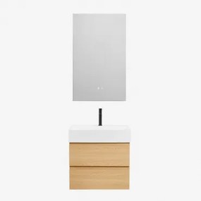 Zestaw Wiszących Mebli Łazienkowych Z Drewna I Forniru Jesionowego Zintegrowany Z Umywalką Ona Naturalna & Prostokątny Led - Sklum