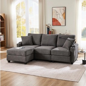 Sofa 3-osobowa, narożnik z portem USB, uchwytem na telefon i uchwytem na kubek - ciemnoszary sztruks