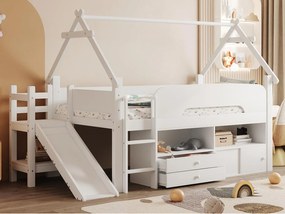 Łóżko domkowe dziecięce 90x200 cm - ze zjeżdżalnią bezpieczeństwa - z 2 szufladami - z barierkami bezpieczeństwa - Biały​ (materac nie jest wliczony w cenę)