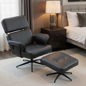 HOMCOM Regulowany fotel leżankowy z podnóżkiem, obicie z ekoskóry, regulowany zagłówek, metalowa podstawa, czarny