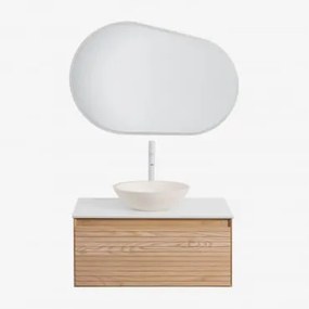 Zestaw Wiszących Mebli Łazienkowych Z Drewna Jesionowego Tedrik Popielaty Brąz & Cement Okrągły Biały Ø40 - Sklum