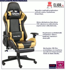 Czarno-złoty fotel gamingowy z podnóżkiem - Silmi