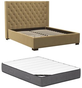 Łóżko z pikowanym zagłówkiem – 180 × 200 cm – Tapicerowane – Beżowy + Materac – MASSIMO II