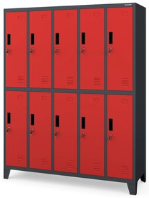 Szafa socjalna ubraniowa BHP 10-drzwiowa antracytowo-czerwona: BARTEK, 1360 x 1720 x 450 mm