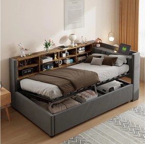 Sofa tapicerowana rozkładana - 90 x 200 cm - z hydraulicznym schowkiem + lampka nocna + półki - welur - ciemnoszary