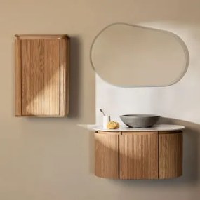 Zestaw Mebli Łazienkowych Z Drewna Carsone Naturalna & Naturalna & Okrągły Szary Cement Ø40 Cm Tarsis & Owalna Lampa Led - Sklum