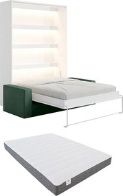 Łóżko chowane w szafie 160 x 200 cm - Ręczne otwieranie pionowe - Z oświetleniem LED - Białe + kanapa Zielona + Materac - RAPILI