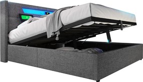 Łóżko dla dorosłych ze schowkiem 140 x 200 cm z zagłówkiem - USB + Typ C + LED - tkanina lniana - szare