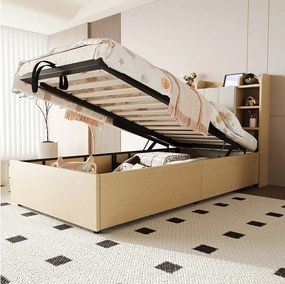 Łóżko dziecięce z pojemnikiem - 90 x 200 cm - zagłówek ze schowkiem - z USB + Type-C - MDF - jasny naturalny