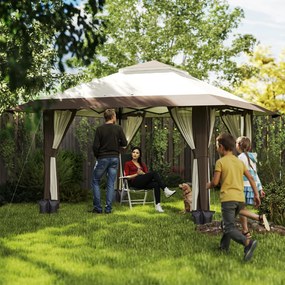 Outsunny 4 x 4 m Pawilon Ogrodowy z Siatkowymi Ścianami, Ochrona UPF50+, Regulowana Wysokość, Namiot Imprezowy, Beżowy