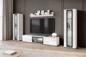 Nowoczesna meblościanka do salonu – 2 witryny i szafka RTV 180, korpus biały mat fronty biały połysk
