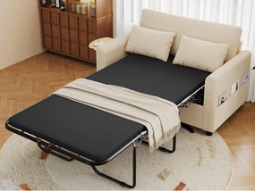 Kanapa 2-osobowa - z portem USB - ze składanym stolikiem pomocniczym - z 2 poduszkami - welur prążkowany - beżowy