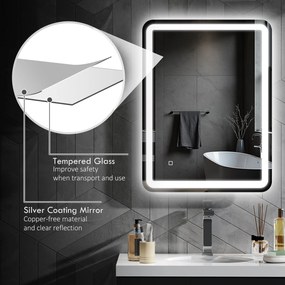 HOMCOM Lustro do Łazienki z Oświetleniem LED, Sterowanie Dotykowe, Anti-Beschlag, Regulowane, 3 Kolory Światła, 60 x 80, Srebrne