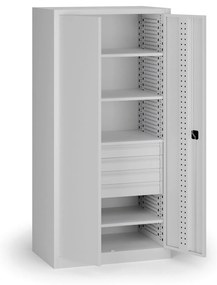 Szafa warsztatowa na narzędzia KOVOS, 4 półki, 4 szuflady, perforowana, 950 x 600 x 1950 mm, szary