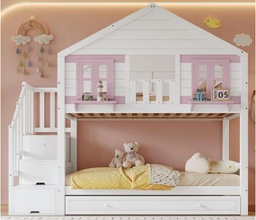 Łóżko piętrowe dziecięce 90x200 cm - Z wysuwanym łóżkiem - z drabiną z pojemnikami i szafą - lite drewno + MDF - biały​ (bez materaca)