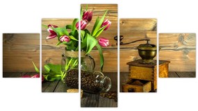Obraz - tulipany, młynek i kawa (125x70 cm)
