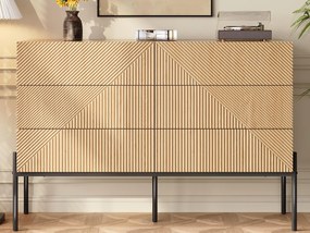 Nowoczesny kredens 115,5 x 38 x 75 cm - z 6 szufladami - Faktura 3D - Nogi żelazne - MDF - Naturalny