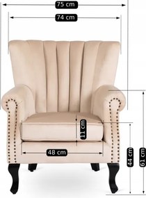 Fotel Uszak Wypoczynkowy MALLO Beżowy Welurowy Nowoczesny Glamour