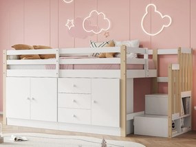 Łóżko mezzanine dla dzieci 90x200 cm - z szafkami i szufladami - Białe + Naturalne
