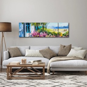 Obraz ogrodu przed domem, obraz olejny (170x50 cm)