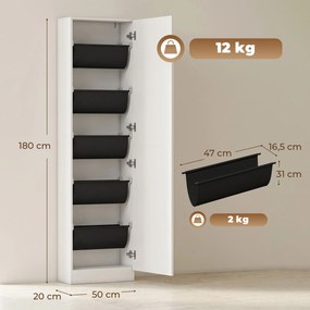 HOMCOM Szafka na buty z lustrem, 5-stopniowa wąska komoda z drzwiami z cichym domykaniem, na 12 par, 50 x 20 x 180 cm, Biały | Aosom PL