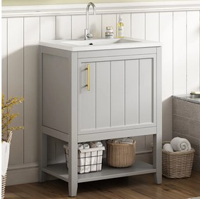 Szafka łazienkowa pod pojedynczą umywalkę - 1 otwarta półka i 1 drzwi - 61 x 47 x 87 cm - drewno MDF - jasnoszary