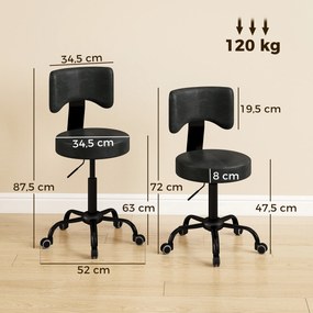 HOMCOM Hoker na kółkach, regulowany 72-87,5 cm, hoker do masażu z tapicerowanym siedziskiem i oparciem, obracany 360°, Czarny | Aosom PL