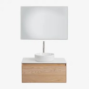 Zestaw Wiszących Mebli Łazienkowych Z Drewna Jesionowego Tedrik Popielaty Brąz & Okrągły Ceramiczny Biały - Sklum