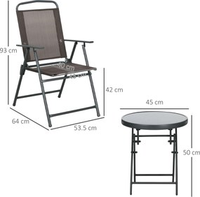 Outsunny Zestaw bistro 3-częściowy z metalu odpornego na warunki atmosferyczne z krzesłami ogrodowymi i składanym stolikiem ze szkłem brązowy