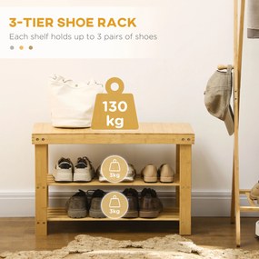 HOMCOM Ława na Buty, 3 Poziomy, Pomieści 6-9 Par Butów, do 130 kg, Bambus, 70 x 28 x 45cm