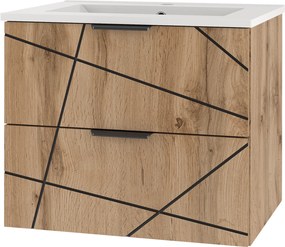 Szafka do łazienki z wpuszczaną umywalką Wood 02, dąb wotan, 60 cm - zestaw 3